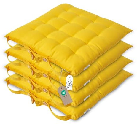 Homescapes 4er Set Stuhlkissen 40x40 cm gelb – Sitzkissen Outdoor/Indoor mit Baumwollbezug, Sitzpolster waschbar und Oeko-TEX-Zertifiziert für Esszimmer-, Küchen- & Gartenstühle