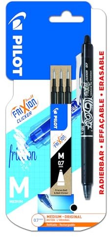 Pilot Frixion Clicker Erasable Retractable Rollerball 0.7 mm Tip Pen with Three Refills - Black, Single Pen