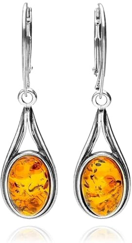 Tår cabochon skuren baltisk honung bärnsten spak tillbaka sterling silver örhängen för kvinnor/flickor – dinglande droppörhängen – bärnstenssmycken. 070403