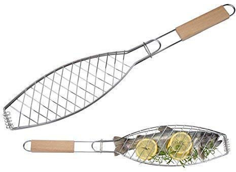 Gravidus Fischbräter Metall Fischgriller verchromt mit Holzgriff - Robuste Fischklammer für perfektes Fischgrillen, 58 cm Gesamtgröße