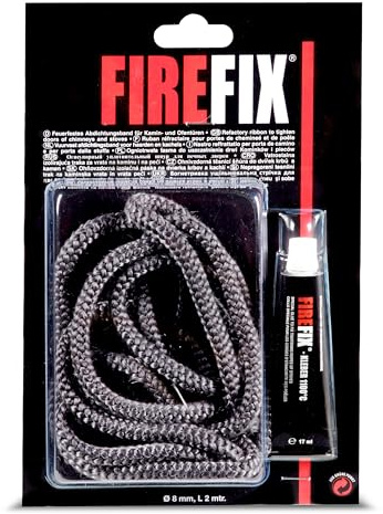 FIREFIX 2043 Kaminkordel ø 8mm, grau I 2m Ofendichtschnur für Kaminofen I Rundkordel I Ofendichtung mit bis zu 1100 °C hitzebeständigem Kleber 17ml