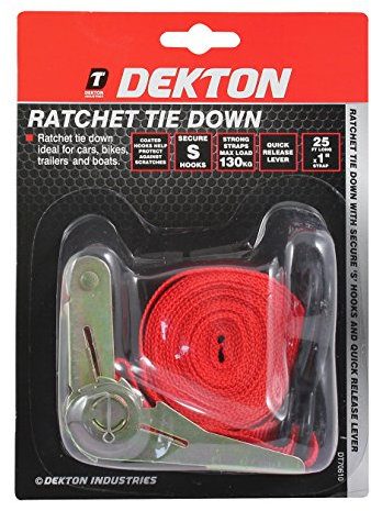 Dekton Ratchet Tie Down - 25ft Long, 1 Strap, Ideal for Cars, Bikes, Trailers & Boats, Secure S Hooks with Scratch-Resistant Coating, Strong Straps with 130KG Max Load, Quick Release Lever