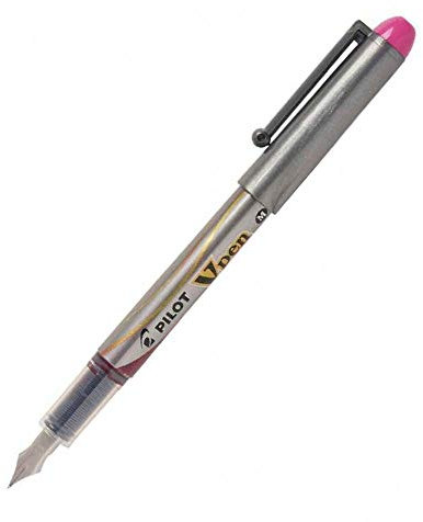 Pilot V-Pen Disposable Fountain Pen Silver Barrel - Medium Tip - Pink Ink - Pack of 3 - Supplied Loose