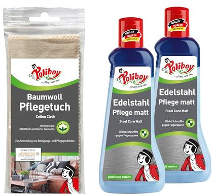 POLIBOY Edelstahlpflege matt - Edelstahlreiniger zum Reinigen von mattierten und gebürsteten Edelmetall - 2x 200ml - Mit Baumwolltuch - Made in Germany