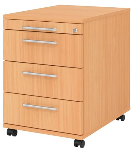 bümö Rollcontainer mit Schubladen, Container abschließbar aus Holz in Buche - Rollwagen für's Büro als Schreibtisch Unterschrank, Bürocontainer od. Schreibtischcontainer mit Relinggriffe