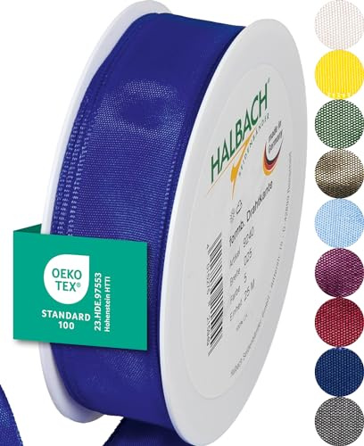Halbach Geschenkband mit Drahtkante, 25 mm x 25 m, blau | Taftband mit formbarer Drahtkante aus 100% Acetat, Made in Germany, Öko-Tex 100 zertifiziert, wetter-/wasserfest