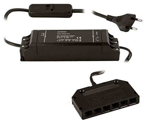 SOTECH Trafo Transformator 220-240V schwarz 12V 30W | Konverter mit Schiebeschalter und 6-fach Verteiler