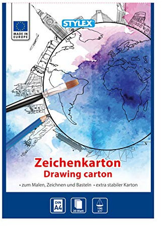 Stylex 46727 - Zeichenkartonblock weiß, DIN A4, 20 Blatt 190 g/m², extra stabiler Block mit weißem Zeichenpapier, zum Zeichnen, Malen und Skizzieren