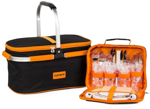 Fuxtec Picknickkorb Family mit Kühlfach und Geschirr für 4 Personen Tragekorb Set mit Tellern, Edelstahlbesteck, Weingläser, servietten, Schneidbrett, Flaschenöffner, Käsemesser, Salz&Pfefferstreuer
