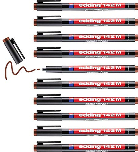 edding 142 M Feutre permanent - marron - 10 stylos - pointe ronde 1 mm - stylo pour écrire sur du verre, du plastique, des films et surfaces lisses - à séchage rapide, résistant aux taches et étanche