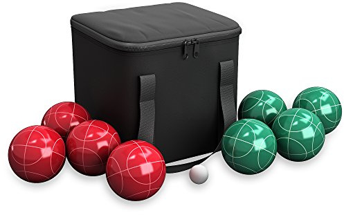 HEY! PLAY! Bocce Ball Set - Lawn Game for Backyard, Beach, or Wedding - Includes Red and Green Bocce Balls, Pallino, and Carrying Case by Trademark Games