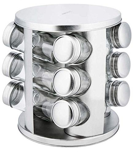 KING HOFF Kinghoff 12 o 16 - de Acero Inoxidable de Cristal, Tarro de Especias Giratorio, carrusel Soporte con Tapa, Acero Inoxidable, Plateado, 12 tarros