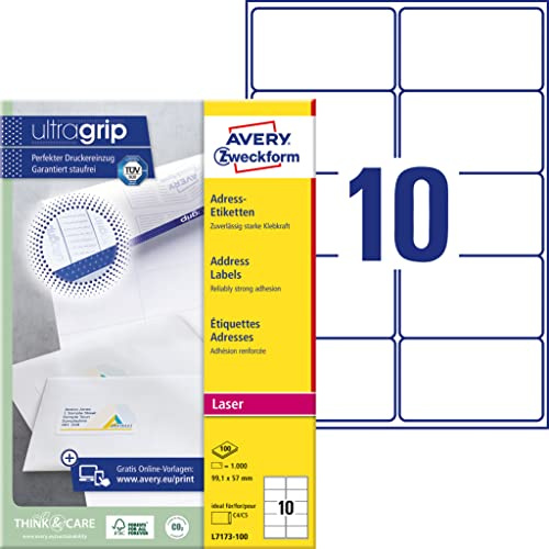 Avery L7173-100 Adressetiketter, 99,1 x 57 mm, 1.000 Etiketter, Vit