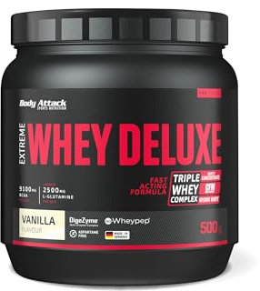 Body Attack Extreme Whey Protein Deluxe – Haute teneur en protéines – Traitement rapide des nutriments – Faible teneur en graisse et en sucre – 2500 mg de L-glutamine – 8 vitamines B – Crème vanille – 500 g – Boîte de poudre protéinée