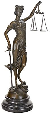 Antike Fundgrube Bronze Figur Justitia Göttin des Rechtwesen auf Marmorsockel H: 40 cm