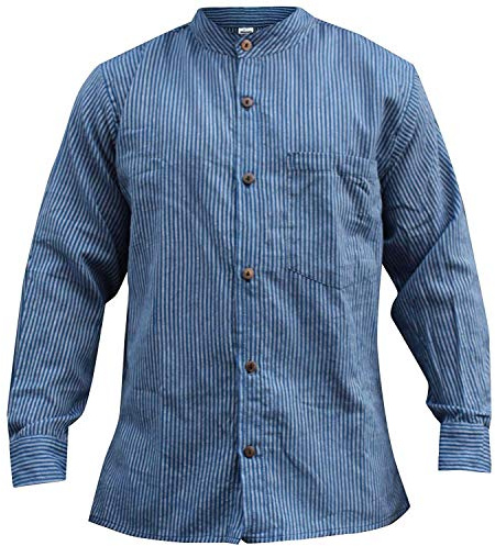 SHOPOHOLIC FASHION Kragenloses Gestreiftes Grandad-Hemd Für Herren Vollärmelige Sommer-Freizeitoberteile, (Marín Blau, 2XL)