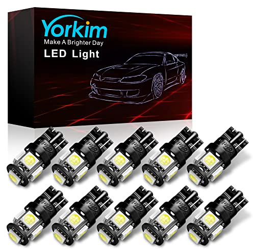 Yorkim 194 LED Bulbs White 6000k Super Bright 5th Generation, T10 168 LED Bulb for Car Interior Dome Map Door Courtesy License Plate Lights W5W 2825,Pack of 10