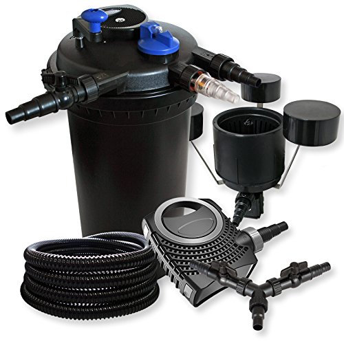 SunSun Komplettset: CPF-15000 Teichdruckfilter bis 30000 L mit 18 Watt UV-C Teichklärer, NEO10000 Teichpumpe 10000l/h 80W, 25m Teichschlauch 25 mm (1), CSP-250 Schwimmskimmer 2500l/h 45W, Y-Verteiler