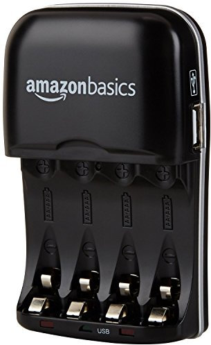 Amazon Basics 4 Slot Ni-MH AA & AAA Battery Charger With Indicator LEDs, With USB Port, Black