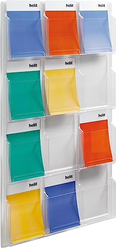 Helit H6259702 - Wanddisplay „the clearly“ DIN A4, 12 Taschen | Glasklarer Prospekthalter Wand, 126 x 77 x 5,2 cm