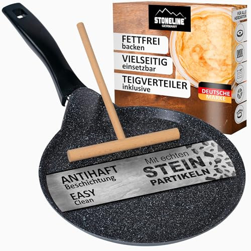 STONELINE Crepera Sartén Crepes 25 cm con Rastrillo Sartén Inducción Aluminio Fundido Revestimiento Antiadherente con Partículas de Piedra Reales, Todo Tipo de Cocinas, Cocinar Sin Grasa