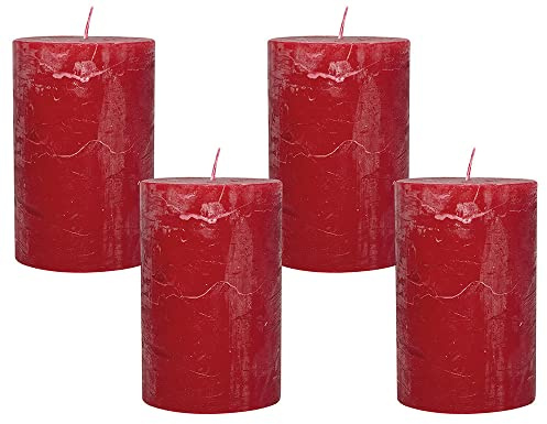 4 Rustic Stumpenkerzen Premium Kerze Rot 7x12cm - 55 Std Brenndauer