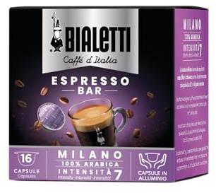 Bialetti Caffè d'Italia, Boîte de 16 Capsules, Milan, Intensité 7, Compatible avec les Machines à Système Fermé Bialetti, 100 % Aluminium