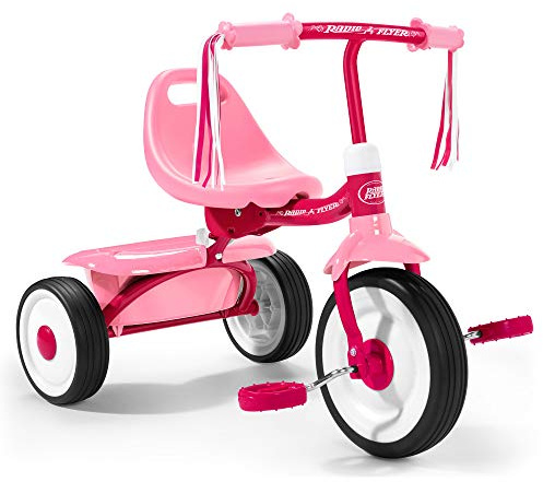 Radio Flyer 415PS Kids Readily Assembled Steel Framed Adjustable Beginner Fold 2 Go Trike with Spacious Storage Bin and Handle Streamers, Pink