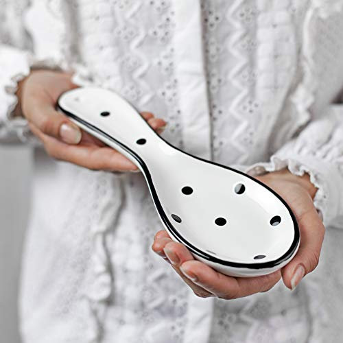 City to Cottage Spoon Rest for Stove Top, Large Ceramic Spoon Holder for Kitchen Counter, Cooking Utensil Rest for Countertop, Handcrafted White and Black Polka Dot Spoon Rest for Ladle, Spatula, Tong