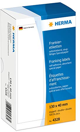 HERMA 4328 Frankieretiketten für Frankiermaschinen, doppelt, 130 x 40 mm, 500 Stück, selbstklebend, matt, 2fach Papier Frankier-Etiketten Klebeetiketten Aufkleber, weiß