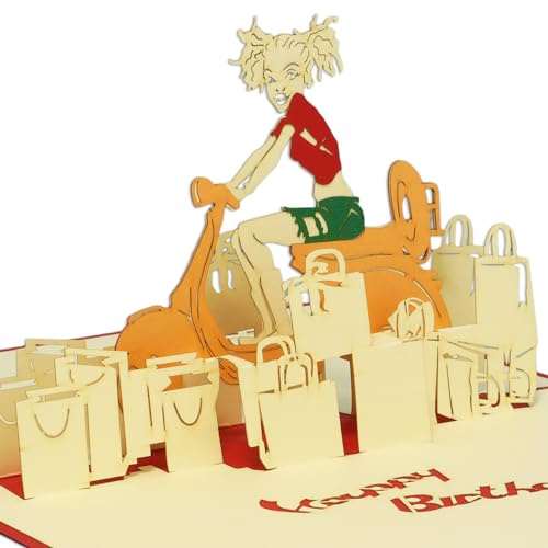 LINPopUp®, LIN17035, Pop Up Karte, Grußkarten, Geburtstag Pop-Up, Vespa, Klappkarte, Shopping Frau, Gutschein, Geburtstagskarte, Roller, N8