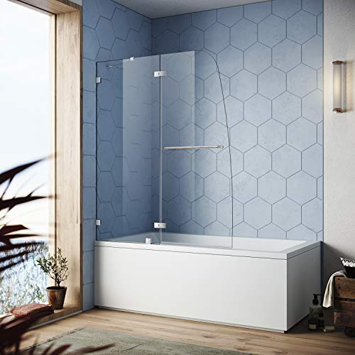 SUNNY SHOWER Tub Shower Door, Frameless Hinged Shower Door for Bathtub, 5/16 Tempered Glass Panel, 48 W x 58 H, Chrome Finish Bathtub Shower Screen Door