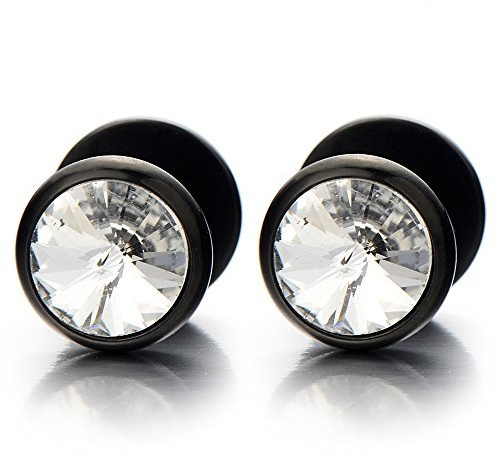 8mm Nero Orecchini da Uomo Donna, Finto Dilatatore Fake Plug, Acciaio Inossidabile con Zirconi, 2 pezzi