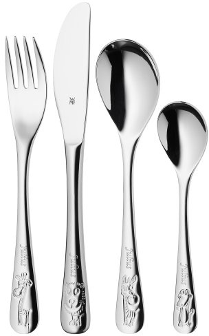 WMF Safari Kinderbesteck 4-teilig, mit Namensgravur, ab 3 Jahren, Cromargan Edelstahl poliert, Gravurgeschenk für Taufe oder Geburtstag