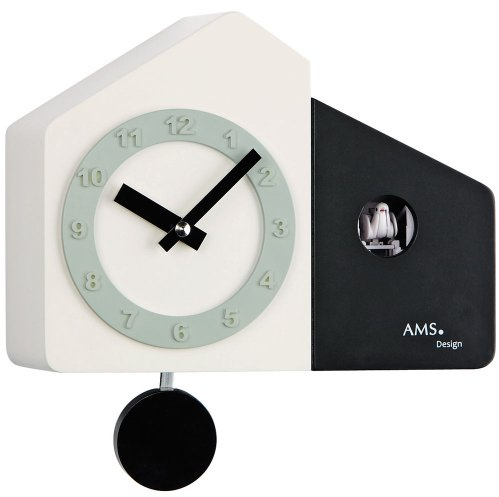 Pendeluhr AMS 7397 Wanduhr Kuckucksuhr Quarz Pendel Holzgehäuse weiß und schwarz lackiert