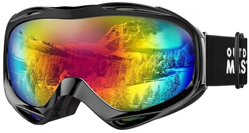 OutdoorMaster OTG Skidglasögon, skid/snowboard-glasögon som sitter ovanpå glasögonen, för män, kvinnor och ungdomar, 100 % UV-skydd (svart ram + VLT 15,8 % grått glas med REVO, röd)