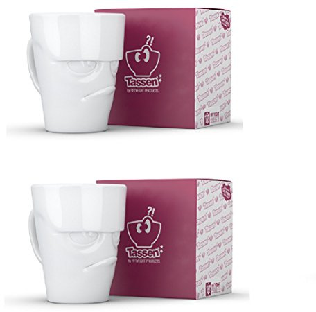FIFTYEIGHT PRODUCTS Henkelbecher/Henkeltassen 2er Set, je 2 x GRUMMELIG, Weiß, Porzellan, Henkel, 350 Milliliter, Zylindrisch mit Henkel, Traditionell, Fantasie, Zuhause, Heißgetränke, Geschenkbox
