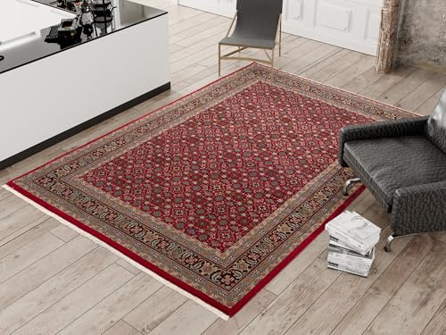 Mein Teppichmarkt Teppichträume werden wahr! BADOHI HERATI handgeknüpfter Orientteppich Naturfaser Kurzflor hochwertige Qualität in Rot Blau Braun Größe: 70x140 cm Diele, Esszimmer, Flur, Kinderz