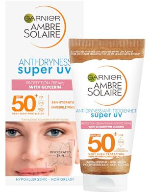 Garnier Ambre Solaire SPF 50+ Anti Dryness Sun Cream Moisturiser for Face, High Protection Against UVA & UVB, Non-Sticky Fast Absorption, For Daily Use, All Skin Tones, Super UV, 50 ml