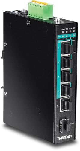 TRENDnet, TI-PG541, Switch industriale Gigabit PoE+ DIN-Rail a 5 porte rinforzato, budget di potenza di 120 W, 1 slot SFP, grado di protezione IP30