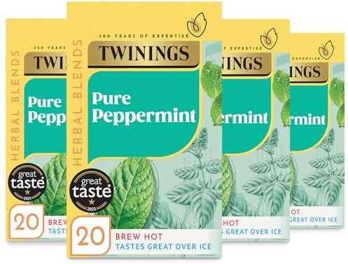 Twinings Pure Peppermint Flavoured Tea Bags - 80 Biodegradable Bags (Multipack of 4 x 20)) | Caffeine and Sugar Free Herbal Tea for Digestion and Refreshment | Natural Peppermint Flavor