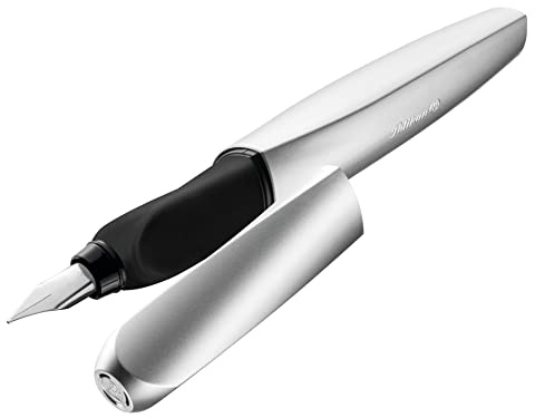 Pelikan Twist Füllhalter, Edelstahl-Feder in Strichbreite M inkl. 2 Tintenpatronen, silber