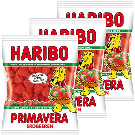 Haribo Primavera Fraises, lot de 3 sachets, bonbons gélifiés en sachet