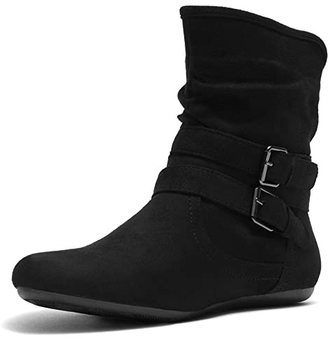 Herstyle Slouch Flat Ankle Booties for Women – Short Boots with Buckle, Low Heel Side Zipper Fashion Booties for Fall Winter Walking, Black, Size 7.0, Lindell