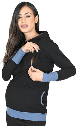 MijaCulture 2 en 1 Sudadera Jersey de Maternidad y Lactancia Mona 1035 (XL, Negro/Jeans)