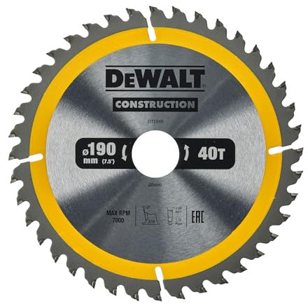 DeWalt DT1945-QZ Hoja para sierra circular portátil para construcción 190 x 30 mm 40D ATB +10º, plata/amarillo/negro, talla única