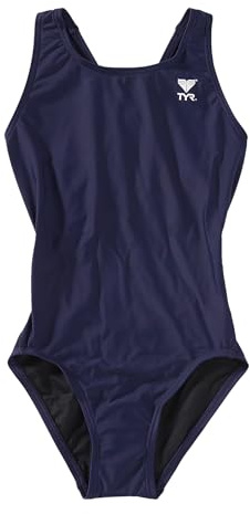 TYR Sport Girls' Solid Maxback Swim Suit,Navy,24