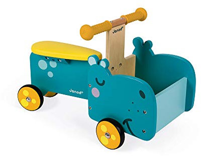 Janod - Hippopotamus Wooden Ride-On for Children - Ergonomic Handles and Silent Wheels - Storage Compartment - Learning Balance - For children from the Age of 1, J08003, Blue and Yellow
