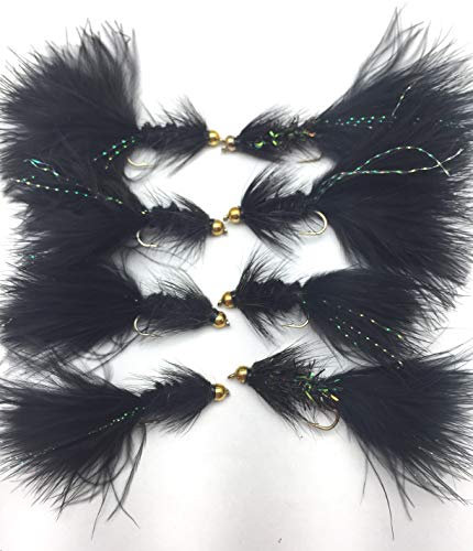 Satz gebundener Fliegen bestehend aus 8 Stück 'Wooly Bugger' schwarz, Größe 8 zum Fliegenfischen