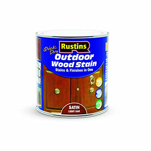 Rustins Quick Dry Outdoor Wood Stain Satin Light Oak 1ltr - Durable and Weather-Resistant Finish, Fast Drying, Vibrant Color for Decks, Fences, & Furniture, Available in Many Wood Shades